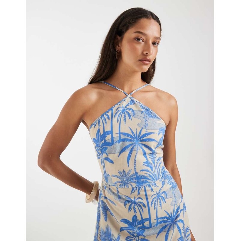 Vero Moda halter maxi dress in conversational palm print-Blue