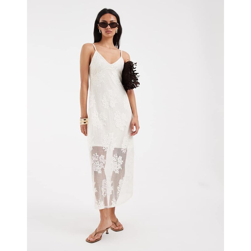 Object all over lace cami midi dress in cream-White