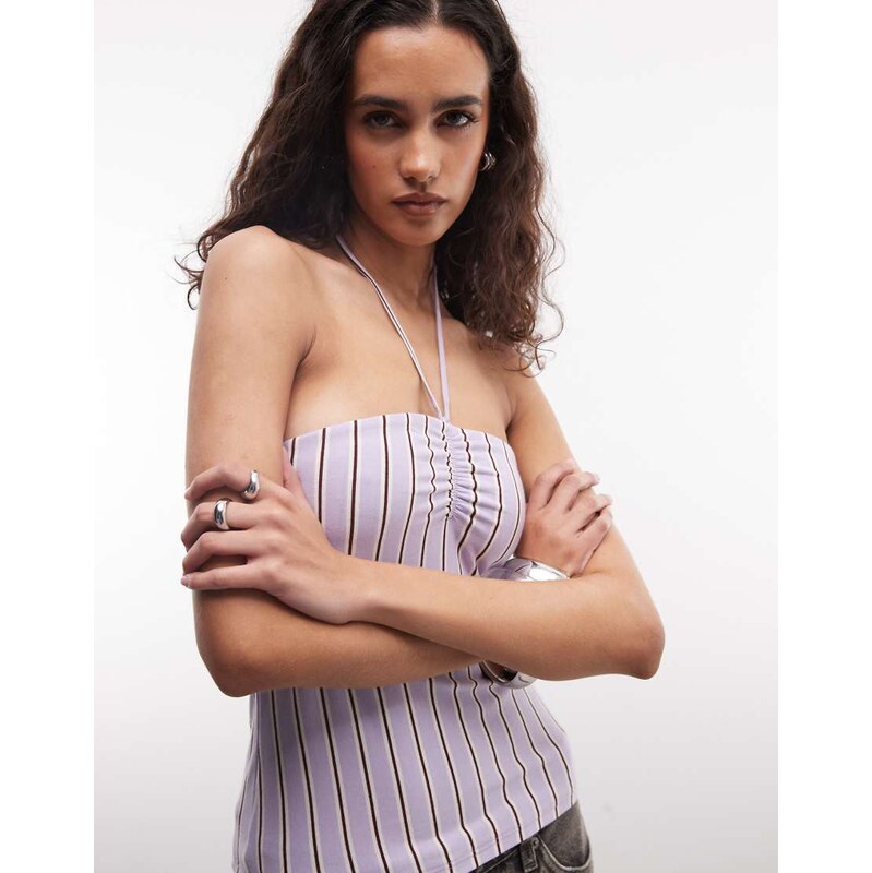 Monki tie back halter top in lilac and white stripe-Purple