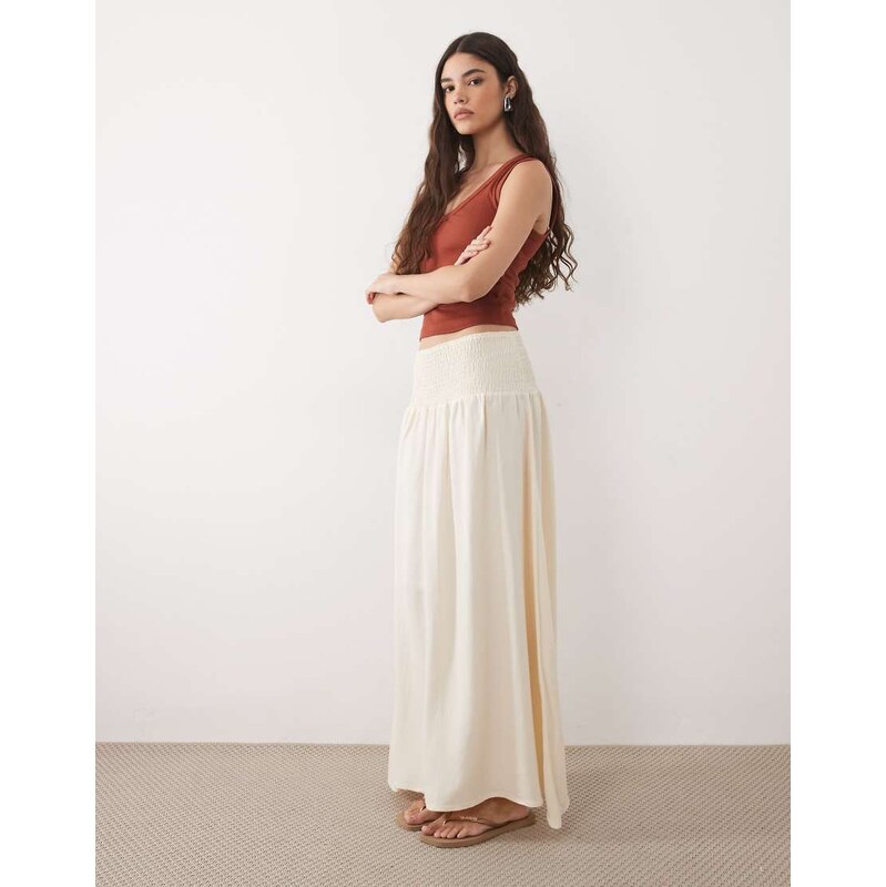 ASOS DESIGN linen blend shirred waist maxi skirt in ivory-White