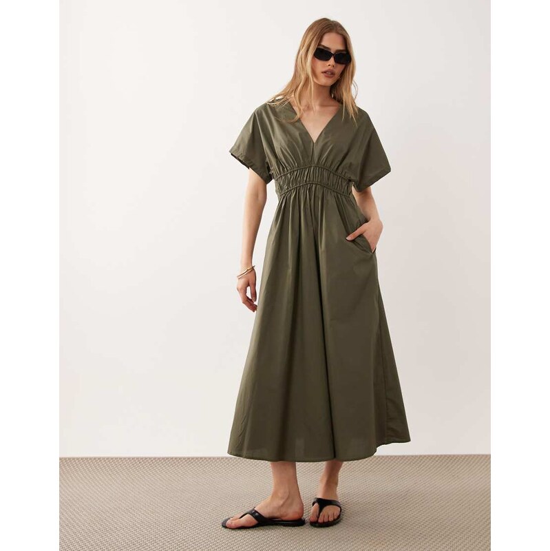 Mango v neck cinched waist midi dress in khaki-Green