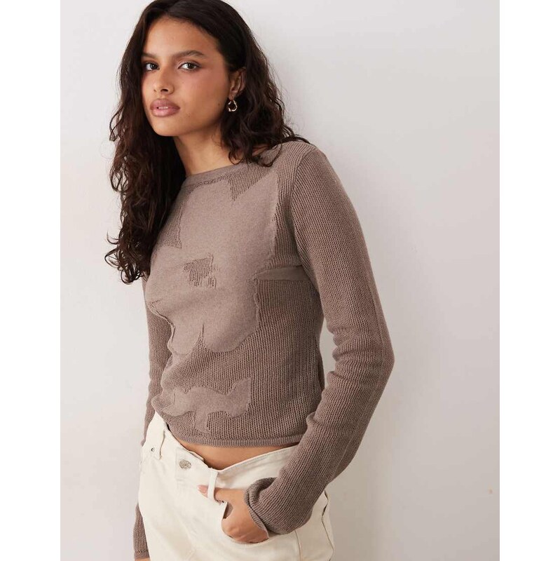ASOS DESIGN fine knit floral top in mocha-White