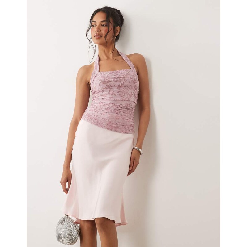 ASOS DESIGN devore ruched halter top in pale pink-Purple