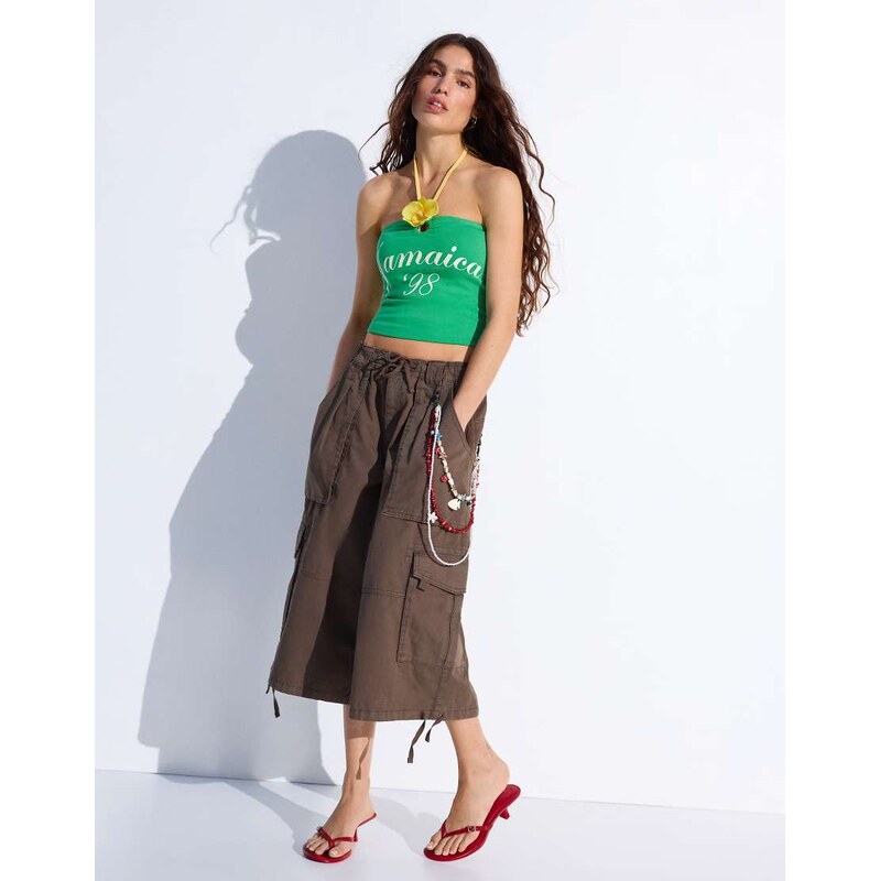 Bershka Halter top with floral print in green