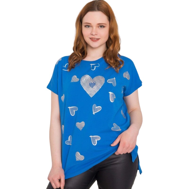 Relevance Fashion Dámské modré tričko se srdíčky pro plnoštíhlé