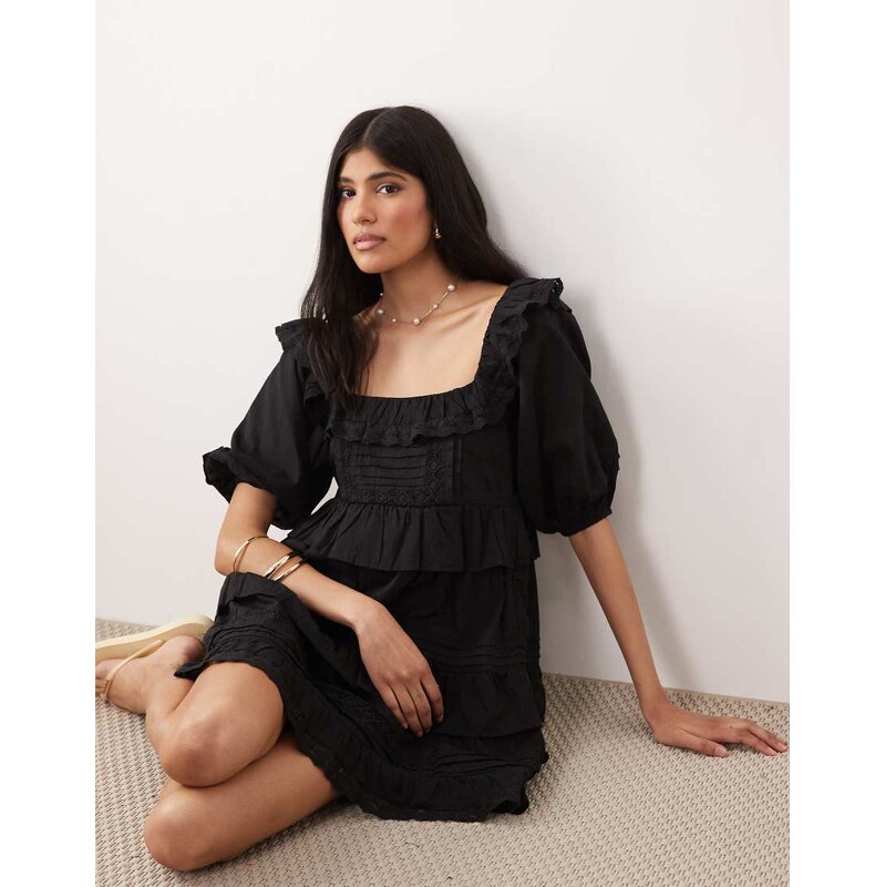 Miss Selfridge broderie ruffle milkmaid dress in black