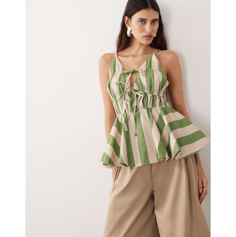ARRANGE tie front ruched peplum cami top in cream and green