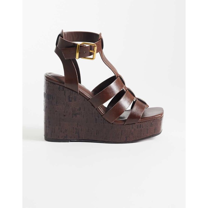 ASOS DESIGN Tova caged t bar wedges in chocolate-Brown