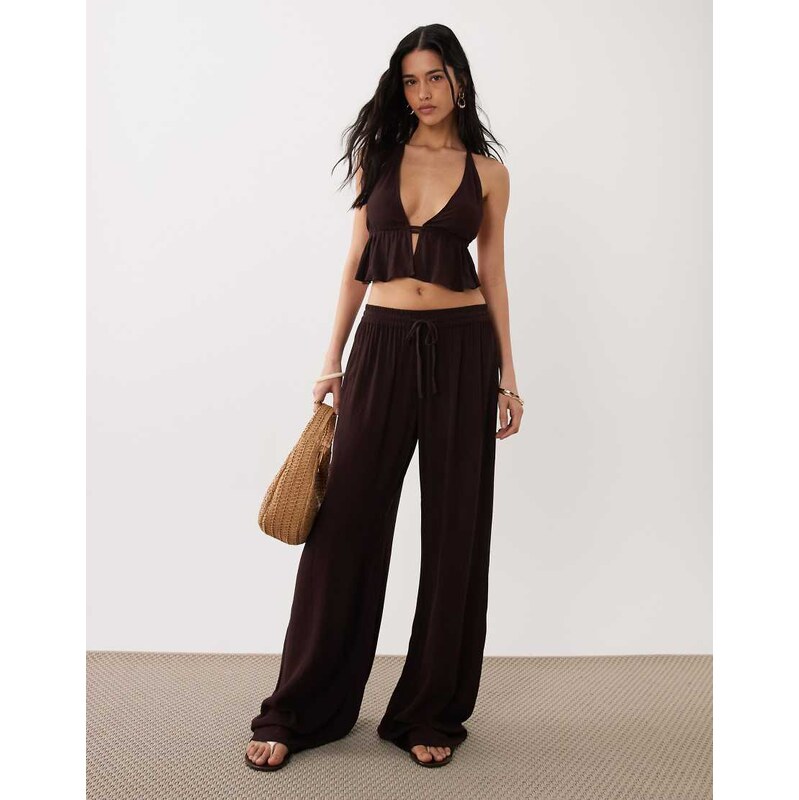 Free Society wide leg beach trouser in dark brown