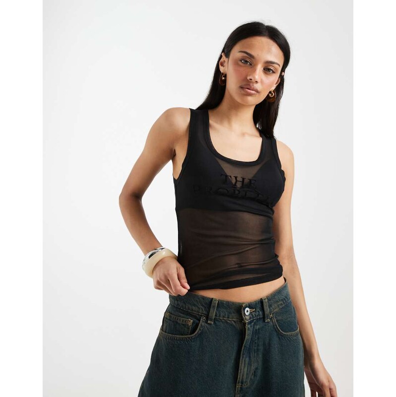 ASOS DESIGN scoop neck mesh vest with the problem slogan in