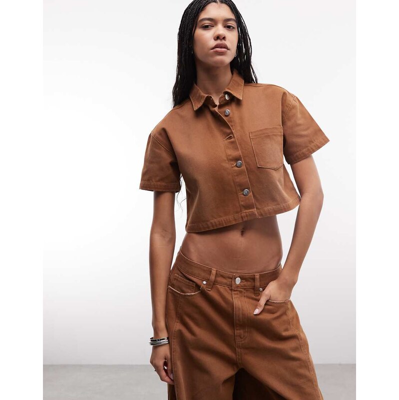 Liquor N Poker boxy cropped denim shirt co-ord in washed