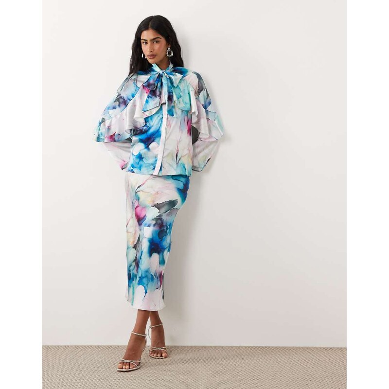 IYAL satin midi skirt co-ord in watercolour floral print-Multi