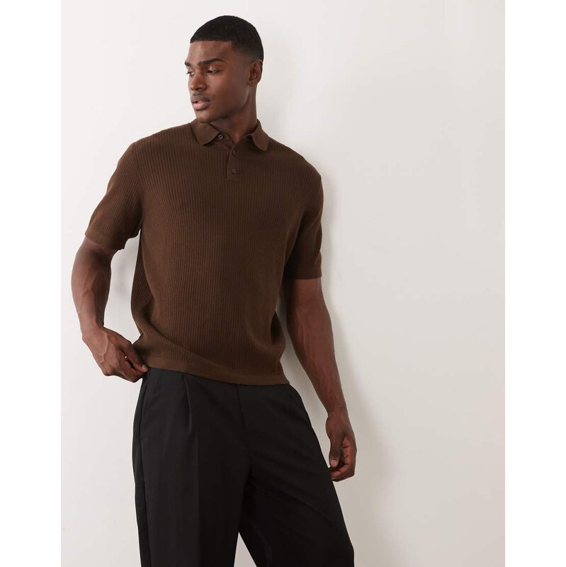 ASOS DESIGN Essential oversized fine-knit polo in brown