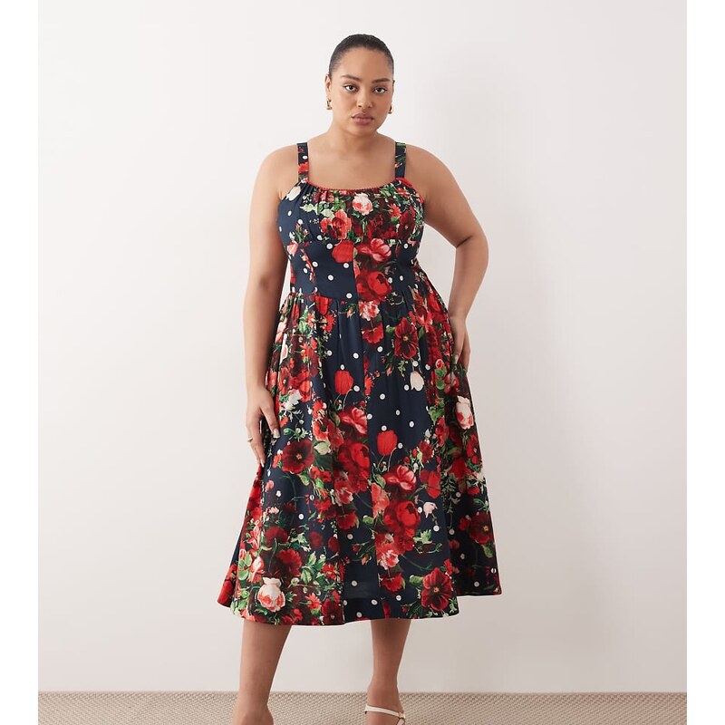 Hope & Ivy Plus a-line strappy corset midi dress in navy floral