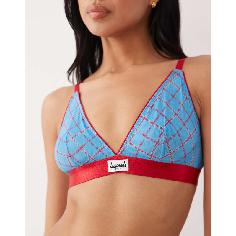 Lemonade Dolls stretch mesh bralette in turquoise and red check