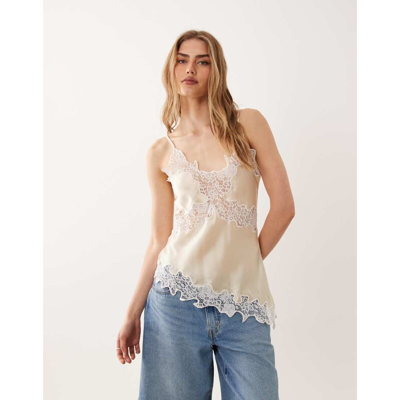 Miss Selfridge satin lace asym cami in stone-Neutral