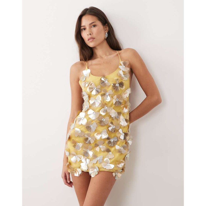 ASOS DESIGN 3D floral sequin cami mini dress in yellow-Brown