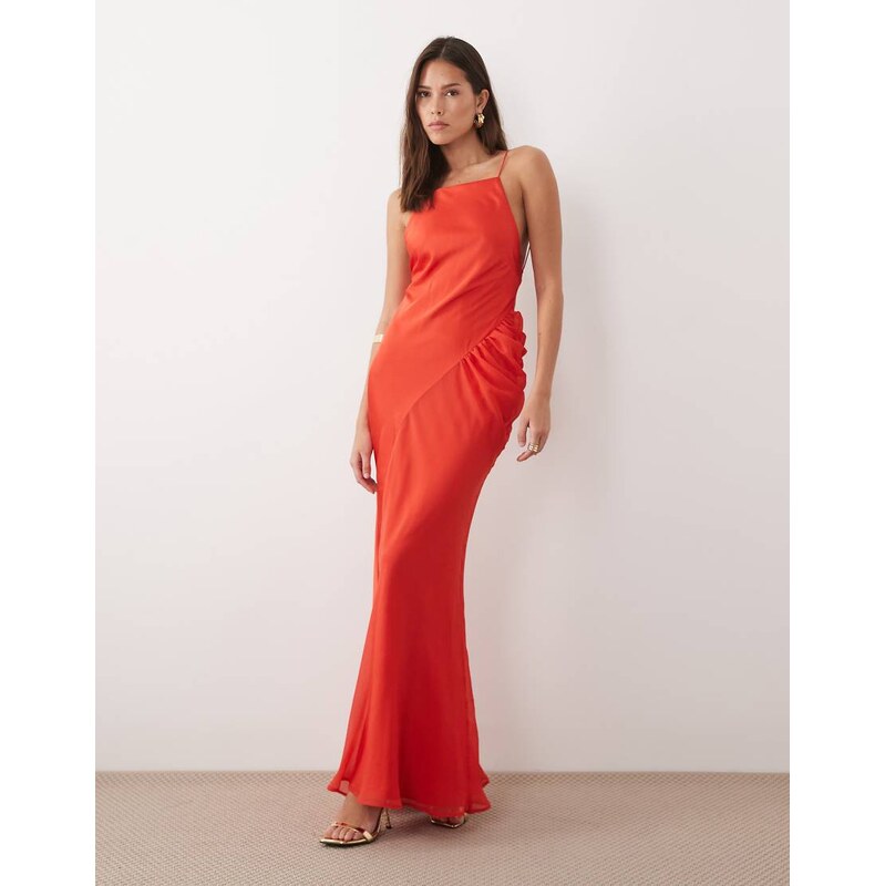 ASOS DESIGN square neck satin chiffon mix maxi dress in coral