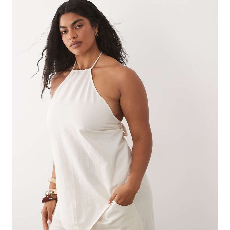 Esmee Curve halterneck beach top in natural beige-Neutral