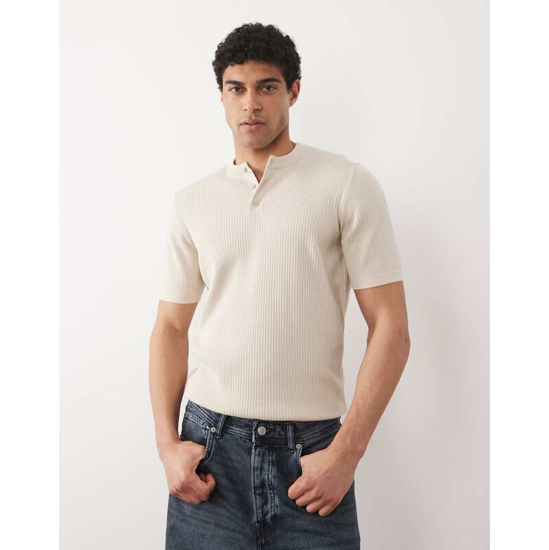 ASOS DESIGN Essential fine-rib knit henley in stone-Neutral