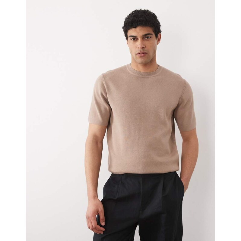 ASOS DESIGN Essential fine-rib knit crew-neck in taupe-Neutral