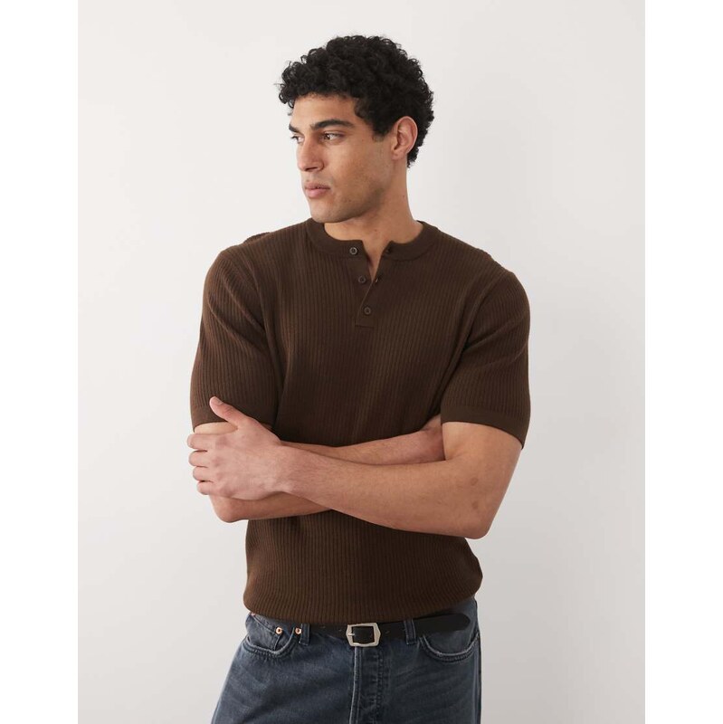 ASOS DESIGN Essential fine-rib knit henley in brown
