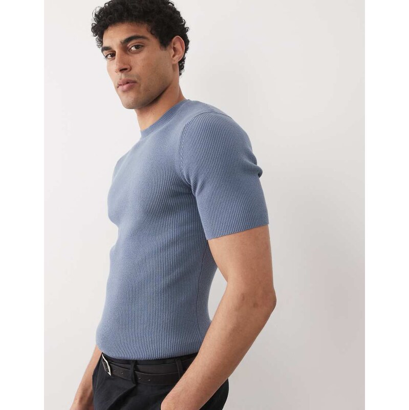 ASOS DESIGN Essential muscle-fit fine-rib knit crew-neck in blue