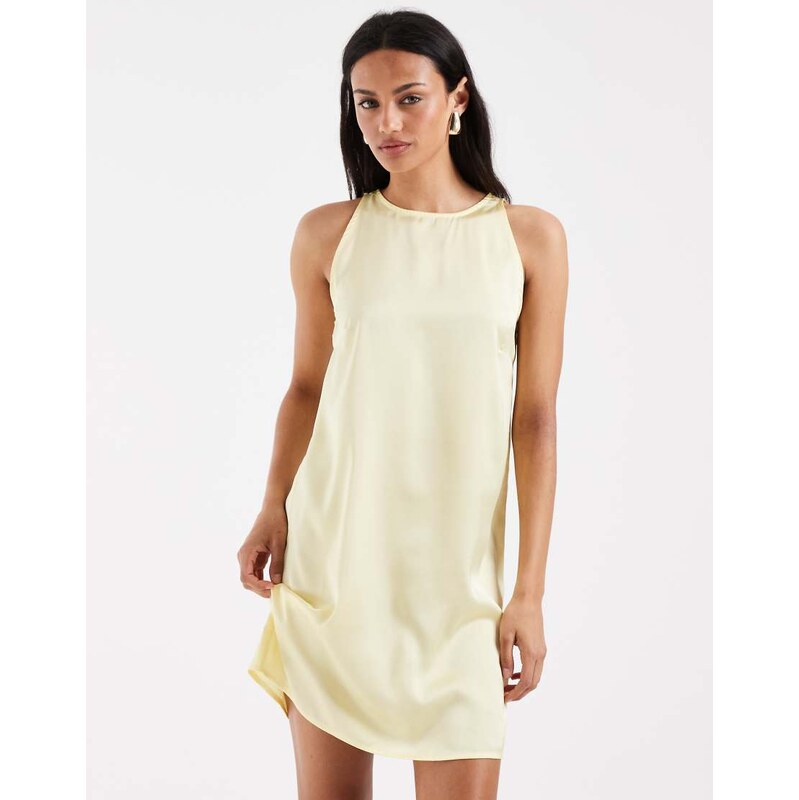 Pieces racer neck satin mini dress in pastel yellow