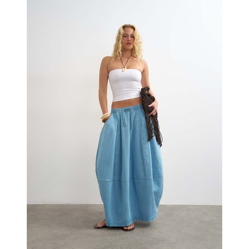 Topshop denim pull on circle maxi skirt in bleach-Blue