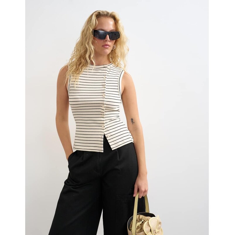 Topshop stripe button through vest in ivory and black-White