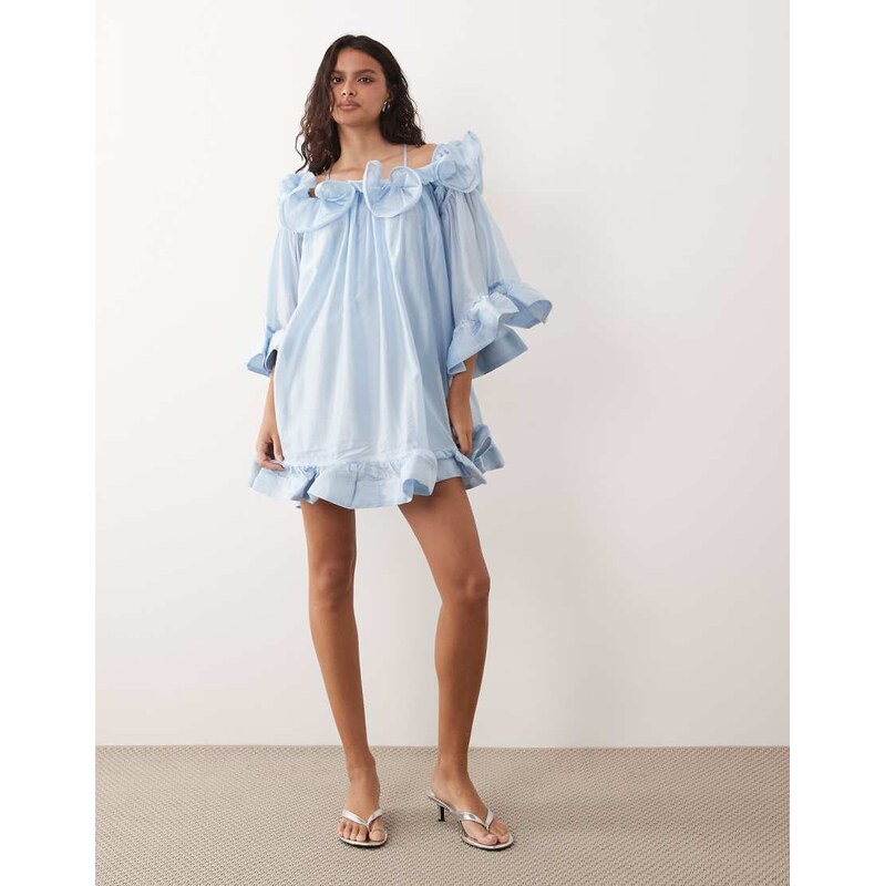 YAS bardot ruffle detail mini dress in blue