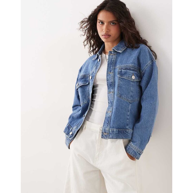 Pieces denim jacket in medium blue denim