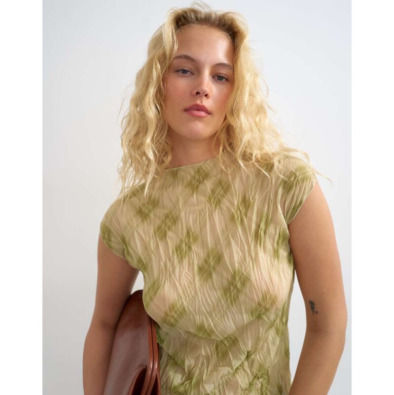 Topshop mesh crinkle fitted tee in check print-Multi
