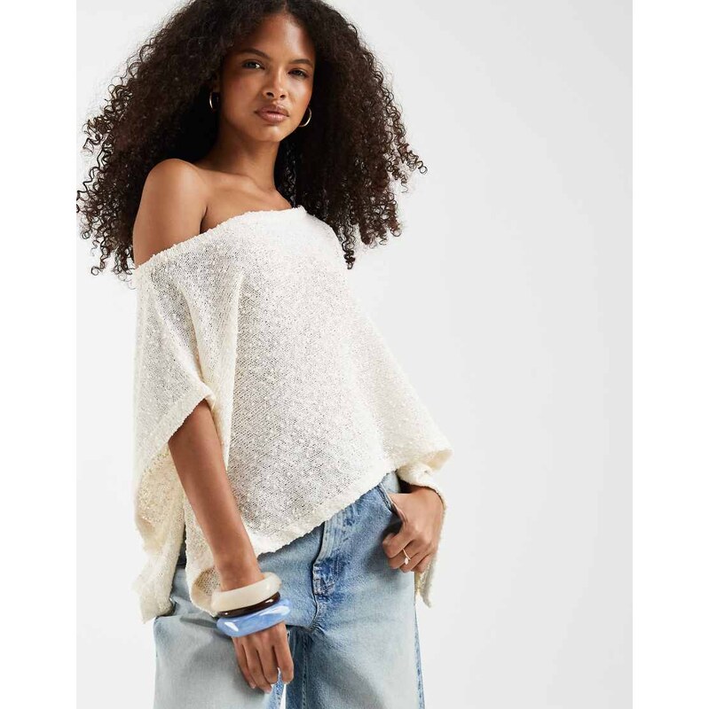 ASOS DESIGN textured knit sheer poncho in ecru-White