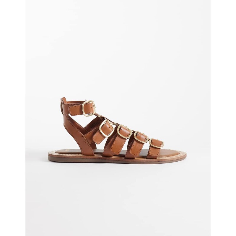 Mango 100% leather gladiator sandal with buckles in tan-Brown