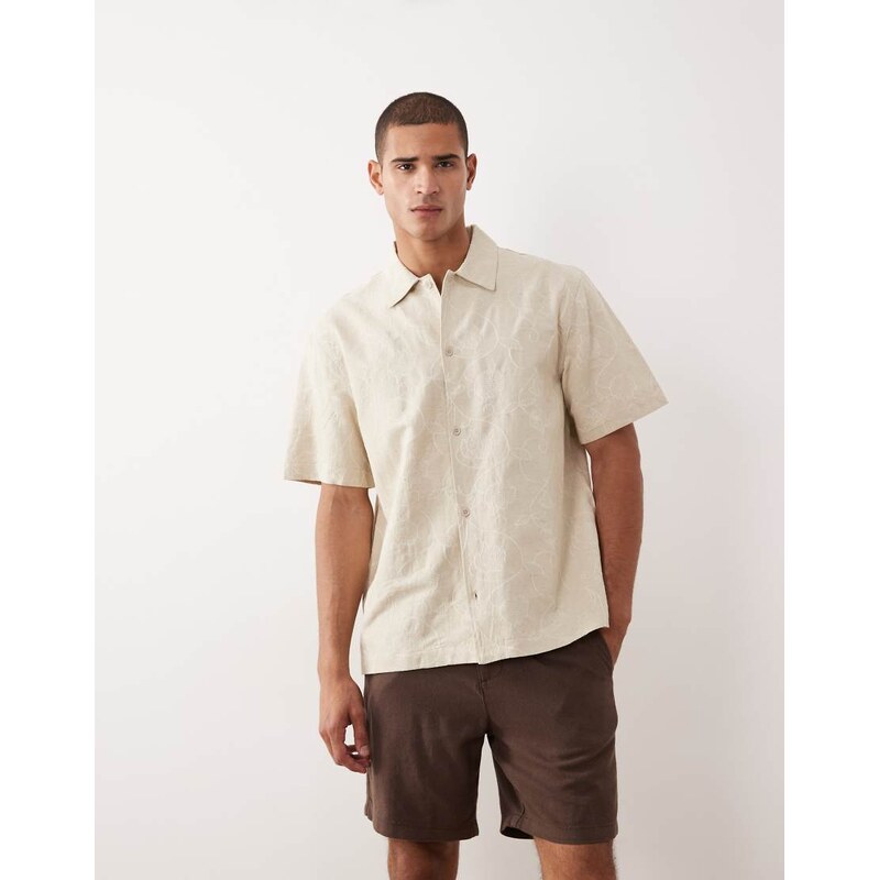 Mango linen blend textured floral print shirt in ecru-Neutral
