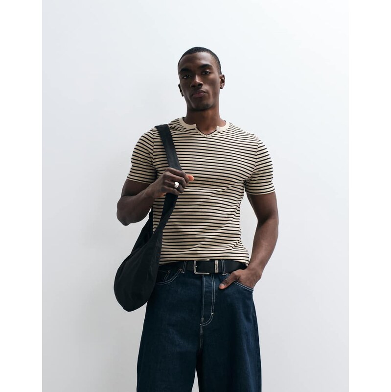 ASOS DESIGN heavyweight slim t-shirt in brown striped textured