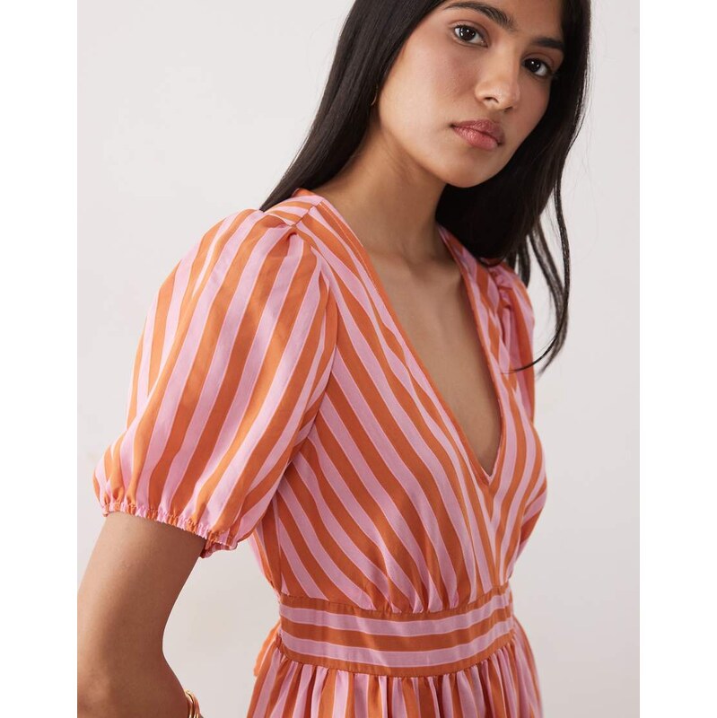 New Look stripe v neck midi dress in pink