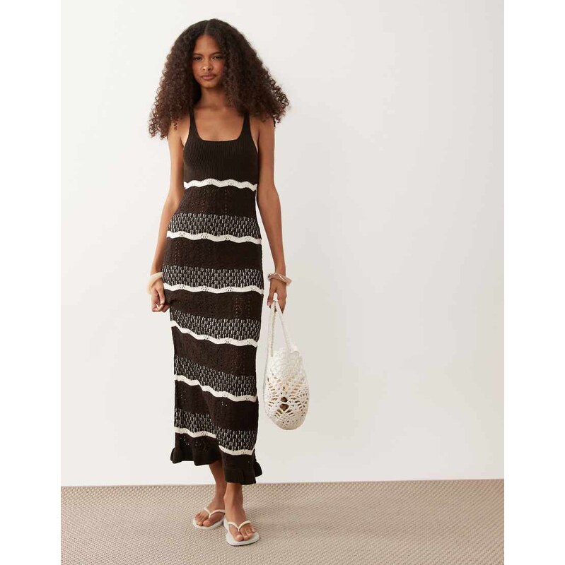 Miss Selfridge crochet maxi dress in chocolate stripe-Brown