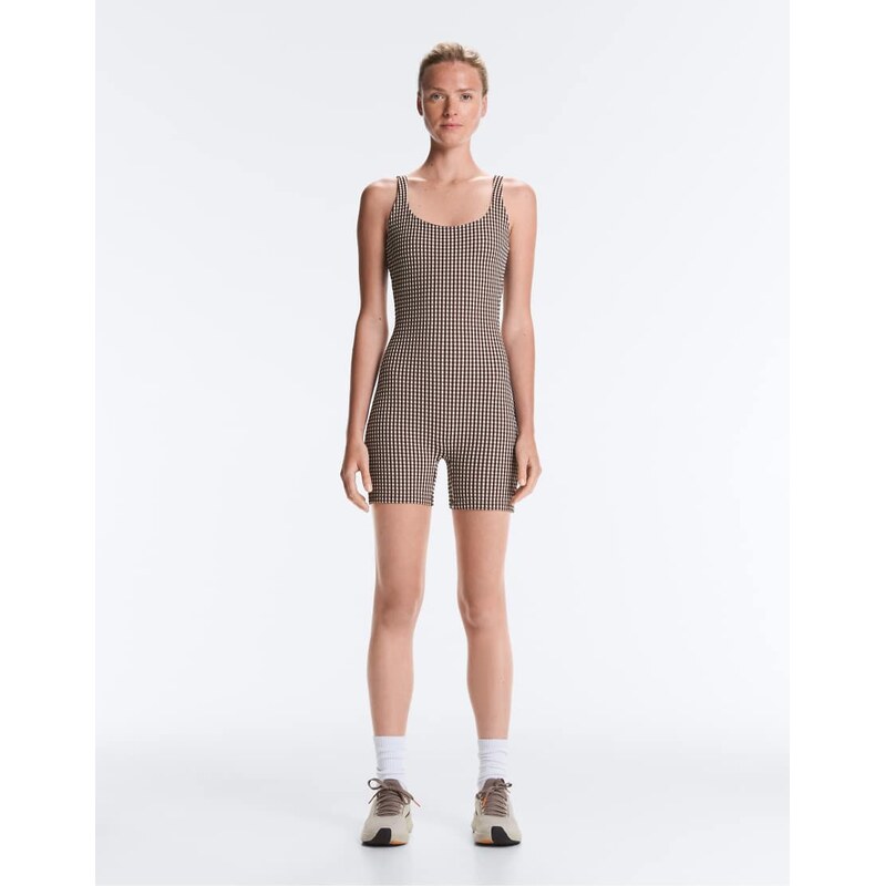 OYSHO Comfortlux gingham short jumpsuit in brown