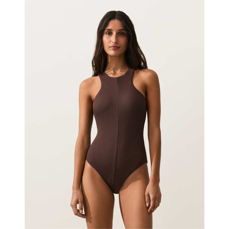 OYSHO Rib halter swimsuit in brown