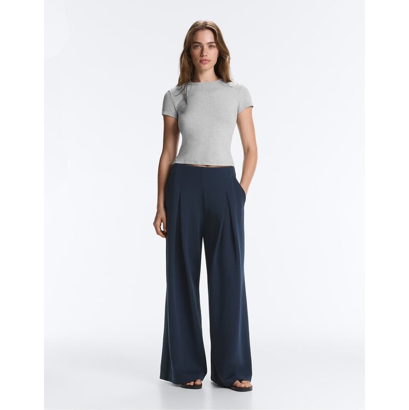 OYSHO Wide-leg pique trousers with cotton in navy