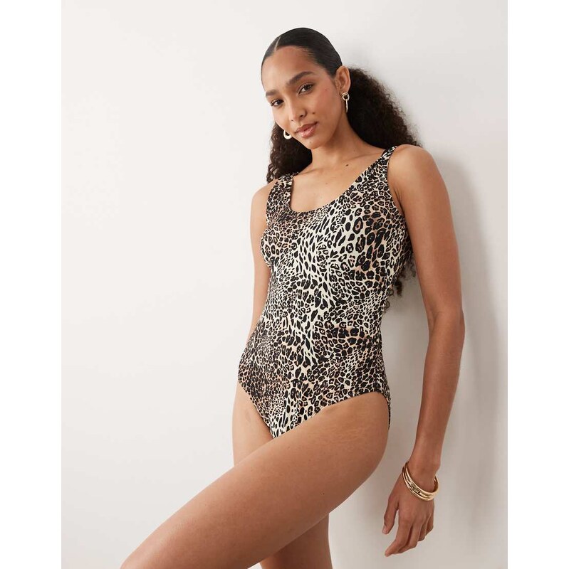 Threadbare scoop neck swimsuit in leopard print-Multi