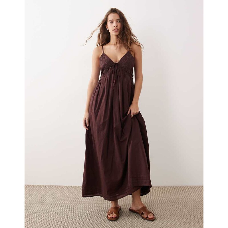 Miss Selfridge embroidered detail cami maxi dress in chocolate