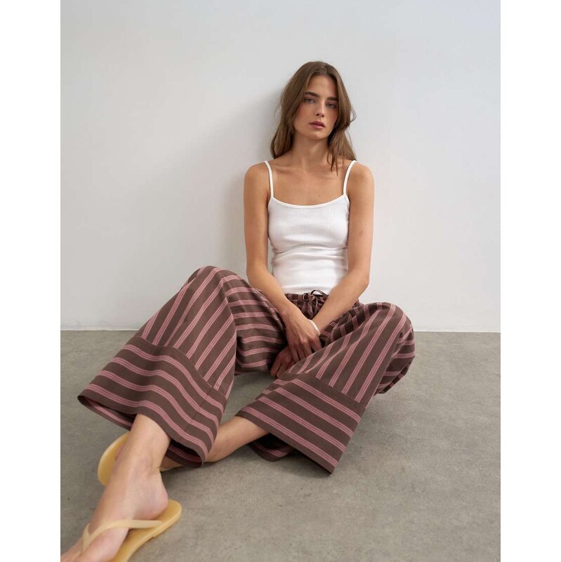 Topshop stripe tie waist wide leg trouser in brown and pink