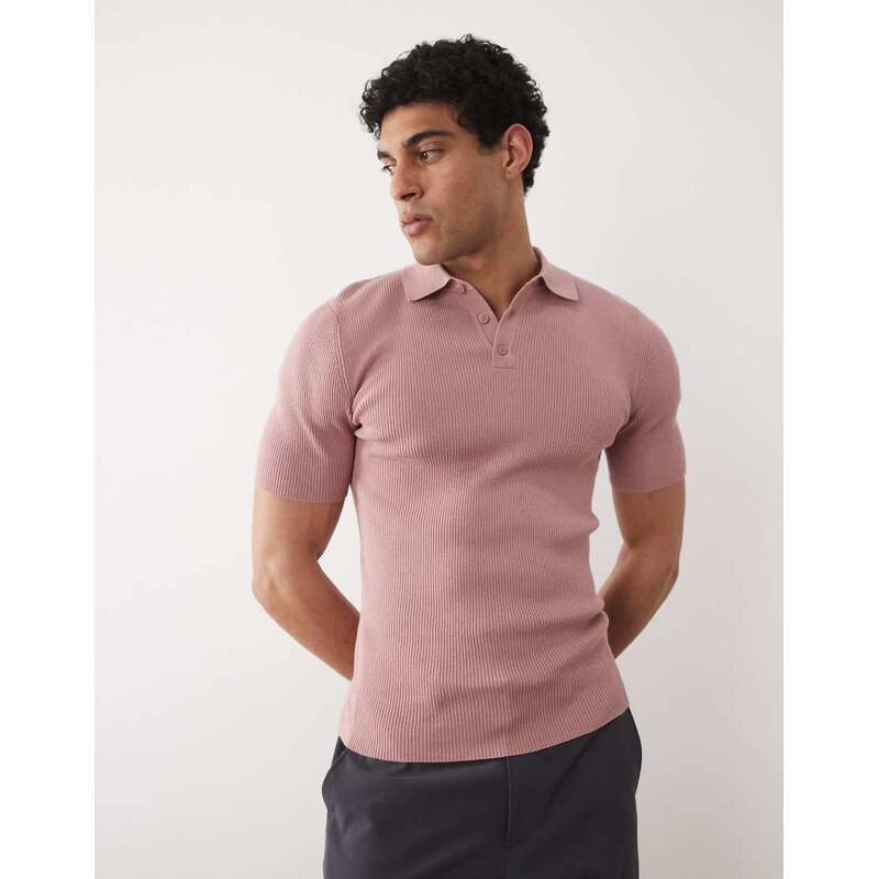 ASOS DESIGN Essential muscle-fit fine-rib knit polo in pink
