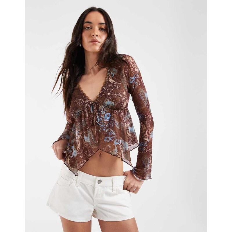 Motel Concetta long sleeve top in feathery paisley brown-Neutral