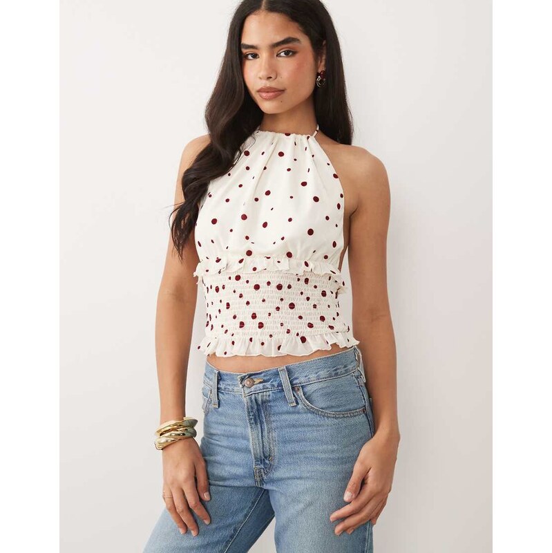 ASOS DESIGN flocked mesh halter top with shirring in red