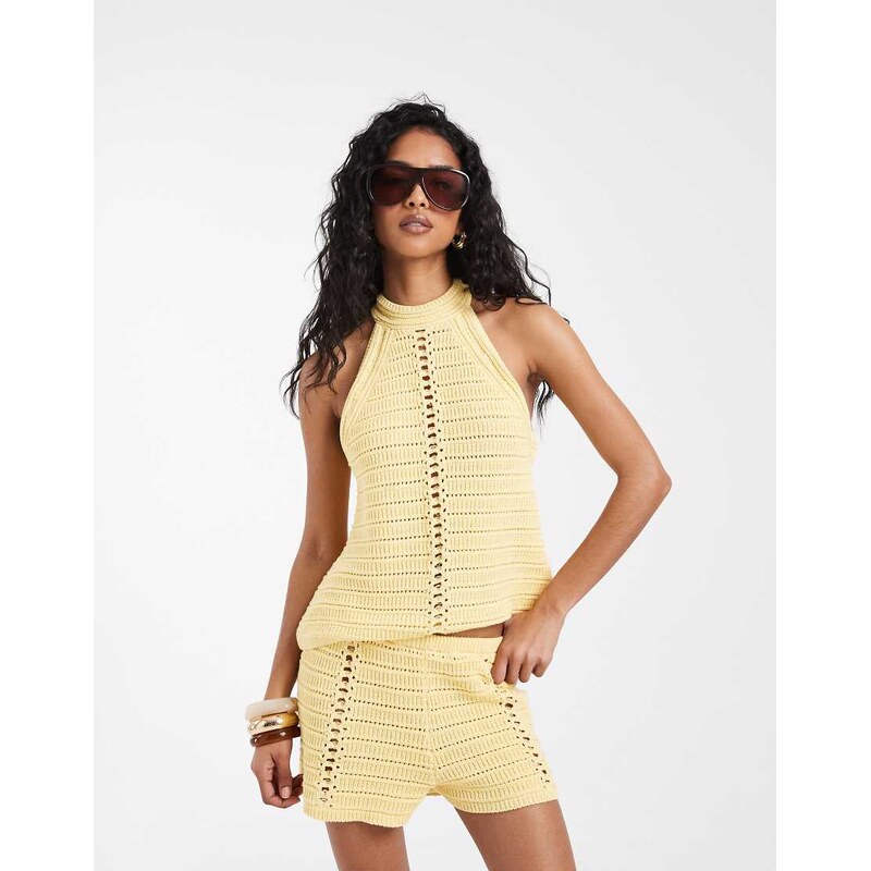 ASOS DESIGN crochet knit halter neck top co-ord in buttermilk