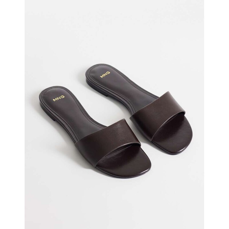 Mango faux leather flat slider in chocolate-Brown